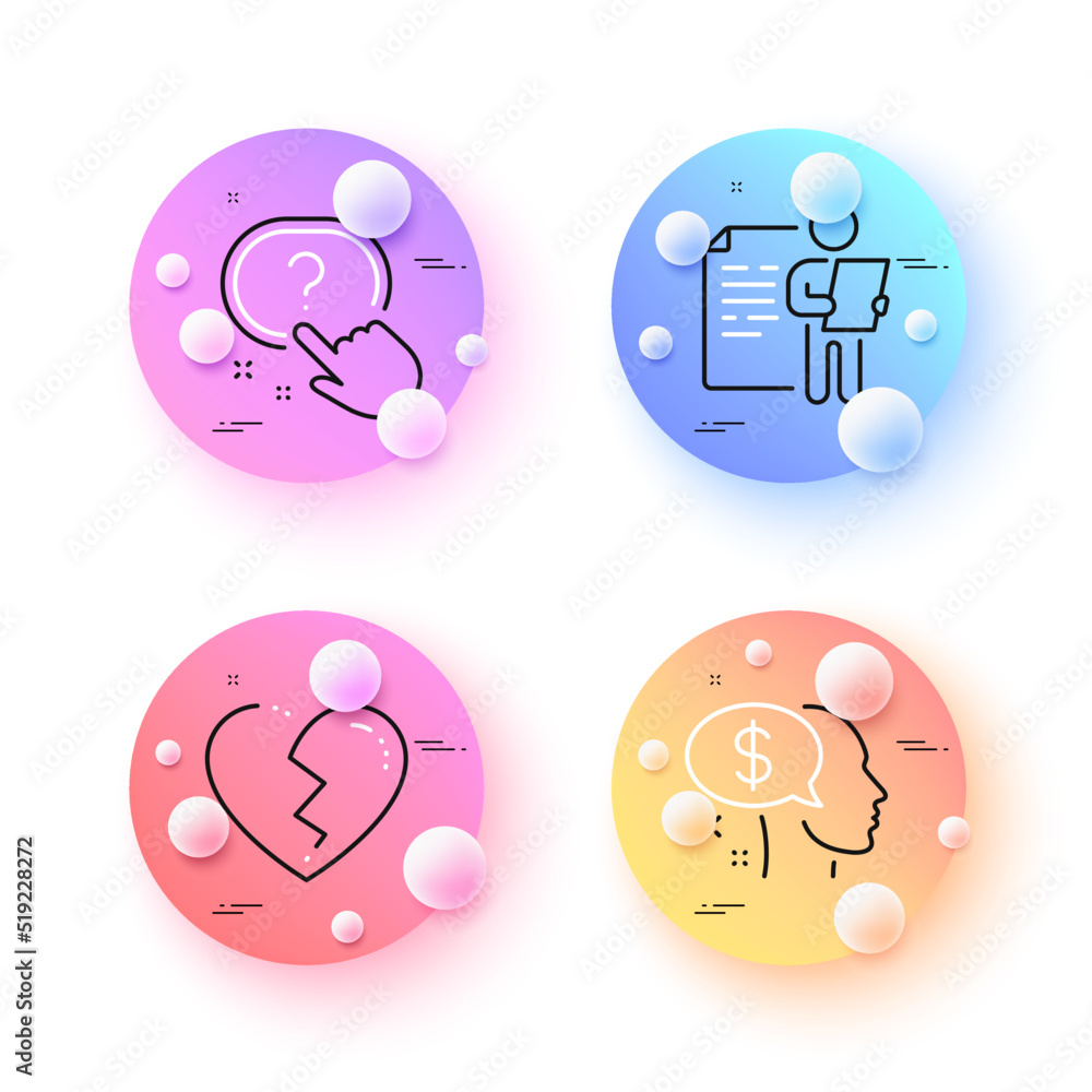 Poster pay, job interview and broken heart minimal line icons. 3d spheres or balls buttons. question button