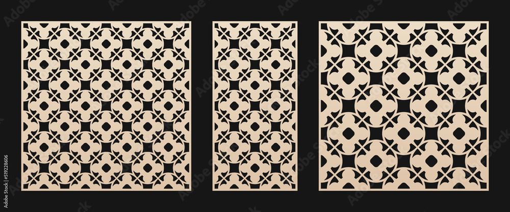 Aufkleber Laser cut patterns set. Elegant vector template with geometric ornament in Oriental style, abstract floral grid. Design for cnc cutting, decorative panels of wood, metal, paper. Aspect ratio 1:1, 1:2