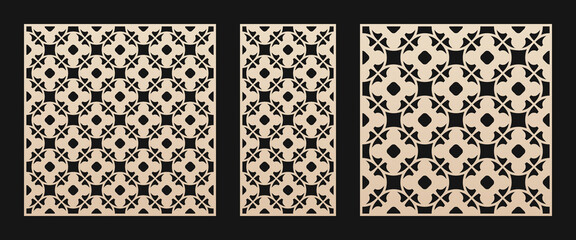 Laser cut patterns set. Elegant vector template with geometric ornament in Oriental style, abstract floral grid. Design for cnc cutting, decorative panels of wood, metal, paper. Aspect ratio 1:1, 1:2