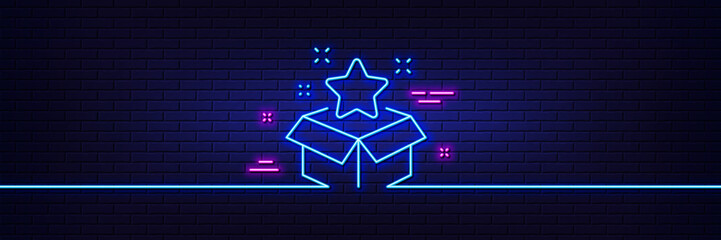 Neon light glow effect. Loyalty program line icon. Bonus points. Discount box symbol. 3d line neon glow icon. Brick wall banner. Loyalty program outline. Vector