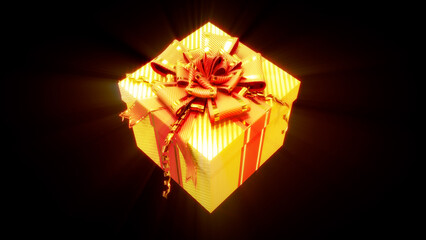 lighting beautified goldish and red giftbox on black, isolated - object 3D rendering