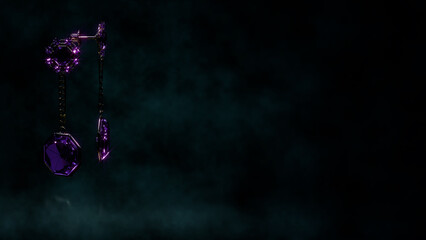 Dark backdrop with gold shackles set with pink gems and empty space, fictive design - abstract 3D rendering