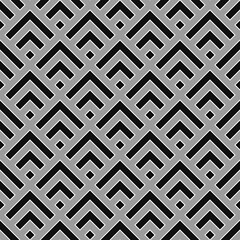 Seamless Chinese window tracery pattern design. Repeated black rhombuses and angle brackets on grey background. Scallop ornament. Image with scales. Ancient japanese scallops motif. Squama. Vector art