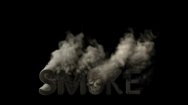 Text smoke with skull smoking on black background, isolated - loop video
