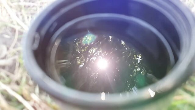 Reflection of the sun and trees in a coffee cup.