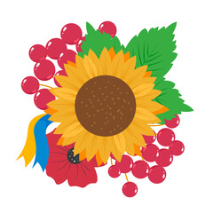 Bouquet with poppy, sunflower and kalyna Ribbon with flag of ukraineVector illustration