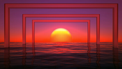 glossy rectangles in the sea at sunset