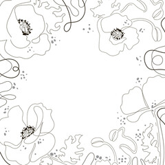 Obraz premium Blossoming poppies, banner design template in black and gray. Single line style flowers. Vector drawn poppies. Doodle style banner. There is room for your text. Stock vector illustration.
