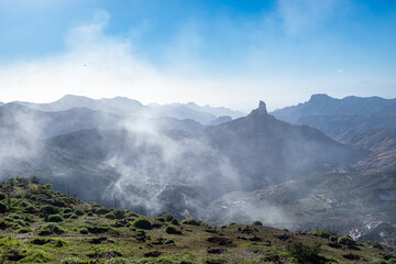 Foggy view of Roque Bentayga from Mirador de Degollada Becerra Gran Canaria, Canary Island, Spain