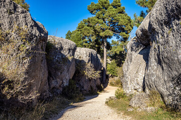 Unique rock formations in La Ciudad Encantada or Enchanted City near Cuenca, Spain, Castilla la...