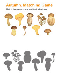 Forest mushrooms and their shadows matching game, Thanksgiving holiday kids activities printable worksheet, educational puzzle watercolor illustration