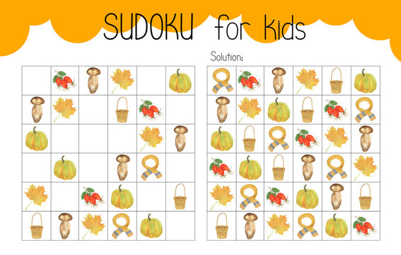 Sudoku educational game or leisure activity worksheet vector illustration, printable grid to fill in missing images, autumn Thanksgiving topical vocabulary, puzzle with its solution, teachers resource