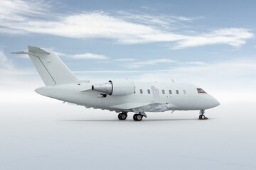 Fototapeta na wymiar Modern white private jet isolated on light background with sky