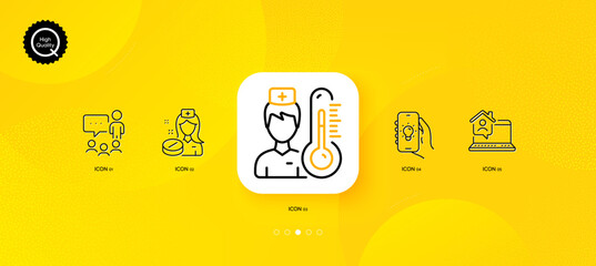 Fototapeta na wymiar Work home, People chatting and Thermometer minimal line icons. Yellow abstract background. Electric app, Nurse icons. For web, application, printing. Vector