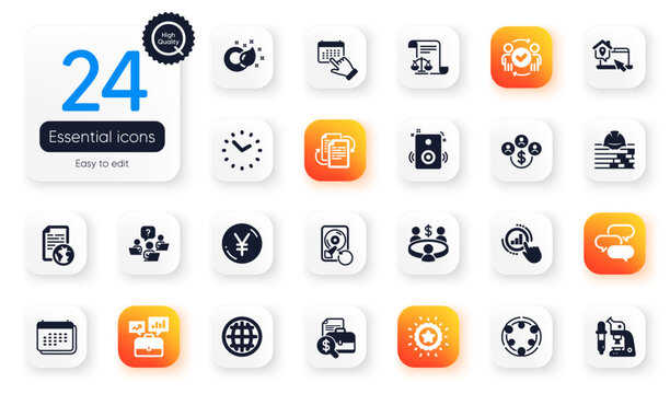 Set of Education flat icons. Talk bubble, Work home and Inclusion elements for web application. Winner star, Meeting, Accounting report icons. Speakers, Recovery hdd, Bureaucracy elements. Vector