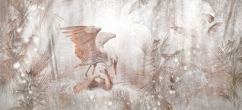 art drawn delicate birds in a nest in the leaves in light gentle colors photo wallpaper in the interior