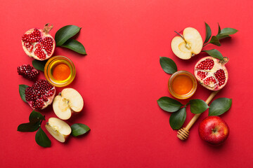 Flat lay composition with symbols jewish Rosh Hashanah holiday attributes on colored background, Rosh hashanah concept. New Year holiday Traditional. Top view with copy space