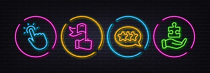 Touchpoint, Leadership and Stars minimal line icons. Neon laser 3d lights. Puzzle icons. For web, application, printing. Touch technology, Winner flag, Customer feedback. Jigsaw game. Vector