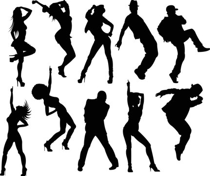 Ten silhouettes of dancing people vector elements.