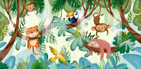 funny cute animals having fun on the branches
in the tropics art drawing children's animals photo obi - obrazy, fototapety, plakaty