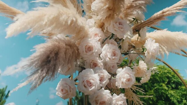 Close-up decorated arch for outdoor wedding ceremonies. Roses and pampas grass against a blue sky
