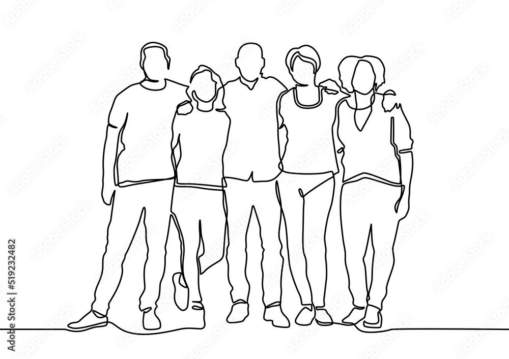 Wall mural Group of people continuous one line vector drawing. Family, friends hand drawn characters. Continuous line drawing of diverse group of standing people. 