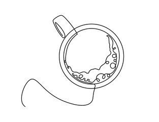 Continuous line art or One Line Drawing of hot coffee. Coffee cup in continuous line art drawing style. Top view of cappuccino drink. Hand drawn continuous line of cup of coffee, tea isolated.