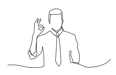 Office people concept. Business man showing ok hand sign. Continuous line drawing. One line drawing. Vector illustration. Continuous line drawing of a hand symbol okay.