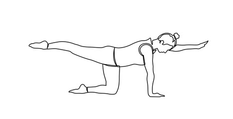 Woman doing yoga pose. Continuous line.  young woman in a yoga pose doing pusg-ups. Charging. One line drawing isolated vector object by hand on a white background.

