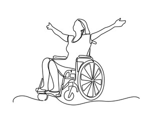 Continuous one line drawing. Disabled man on wheelchair enjoy with moving. Vector illustration total editable, choose thickness and place of line. raising arms in happiness, rehabilitation concept. 