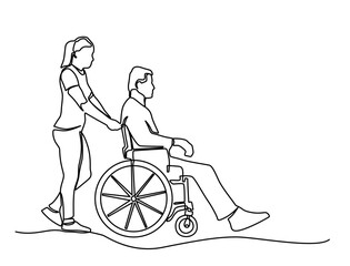 Continuous one line drawing of a young woman pushing wheelchair with old man. Helping elderly, disable people and sick people. Vector illustration. Volunteer pushing wheelchair with disabled old man. 