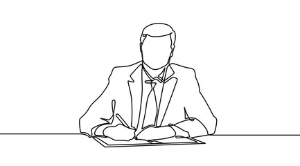 Continuous line drawing of businessman in suit. Businessman signing documents .One line continuous single line art  - obrazy, fototapety, plakaty