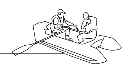 Fototapeta na wymiar Man in Boat One Line Drawing. Fishing Boat Minimal Hand Drawing. Minimalist Sketch Contour Art. One continuous drawn single art line doodle drawing of a two man in a rubber boat. Rescuers in a boat