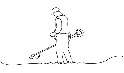 Hand lawn mower gardening thin line. Continuous one line drawing.  Man with lawn mower standing and working