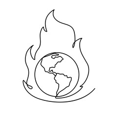 Vector seamless background of one line drawing with planet Earth in fire, global warming and high temperatures. Climate change. 
