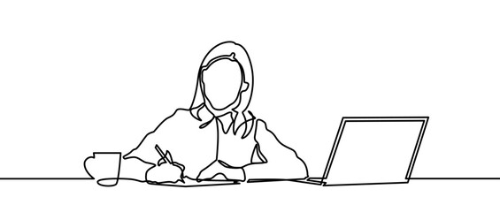 Continuous line woman thinking and bitting a pen. Woman education. Continuous one line drawing of a young woman teacher taking notes. Young girl writing on a book while studying in front of a laptop.