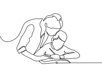 One line drawing of female teacher meet one of her student at school. School education activity concept. Continuous line draw design graphic vector illustration. 