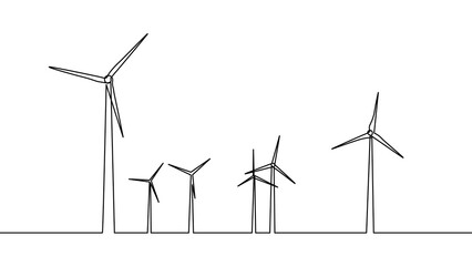 Wind energy in continuous line art drawing style. Hilly landscape with wind turbines producing electricity. Renewable source of power. Black linear design isolated on white background