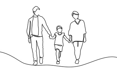 Continuous line drawing of happy family father, mother and one child playing. vector illustration isolated on white background. Continuous one line drawing. Family concept. Father, mother and kid