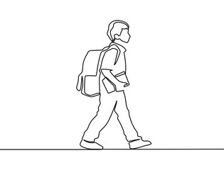 Continuous one line drawing. Young man walking on street with backpack. Student college with bag. Vector illustration. One continuous line of a student walking with backpack to school.