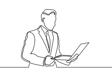 Continuous line drawing of business man sits in the office and thinks while working with his laptop on a white background. business man continuous one line drawing