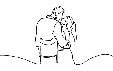Continuous line drawing relationship vector. One hand drawn of young man and woman in love. Guy and girl want to kiss each other. People embrace and share happiness. Simplicity lineart design.