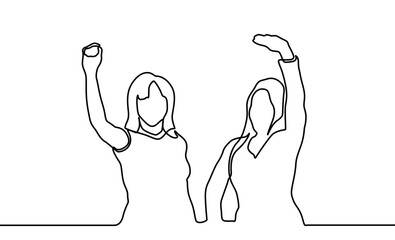 Continuous line drawing of happy woman raising hands. Continuous line art or one line drawing of a woman stretching arms relaxing picture vector illustration. concept of freedom. Beautiful woman.