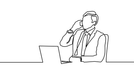 Continuous line drawing of business man sits in the office and thinks while working with his laptop on a white background. talking to client on the phone  business man continuous one line drawing