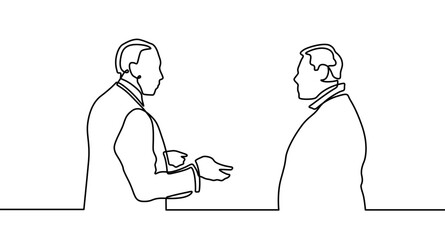 Business discussion of men continuous line drawing one lineart design minimalist vector illustration. Single continuous line drawing of two young male startup founders.