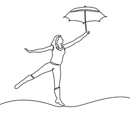 Girl with umbrella awesome and pretty continuous line drawing minimalist design. Hijab women elegant design. Continuous Line Drawing of young woman with an umbrella cane