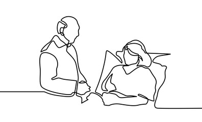 One continuous line drawing of male doctor talking  to the laying female patient in the bed. Trendy hospital health care service concept single line draw design vector illustration.