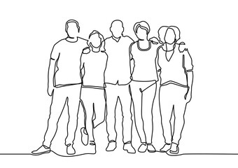 Group of people continuous one line vector drawing. Family, friends hand drawn characters. Continuous line drawing of diverse group of standing people. 