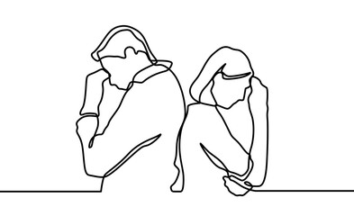 Continuous line drawing of woman and man confused thinking. One continuous single drawn line art doodle businessman thinks, decides, idea, business, . Isolated image hand drawn continuous outline.
