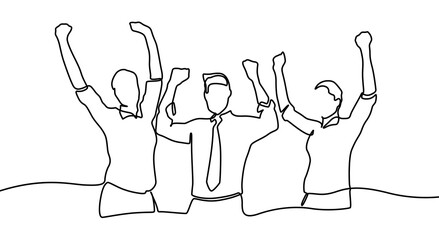 Cheerful crowd cheering illustration. Hands up. Group of applause people continuous one line vector drawing. Continuous line drawing of happy cheerful crowd of people